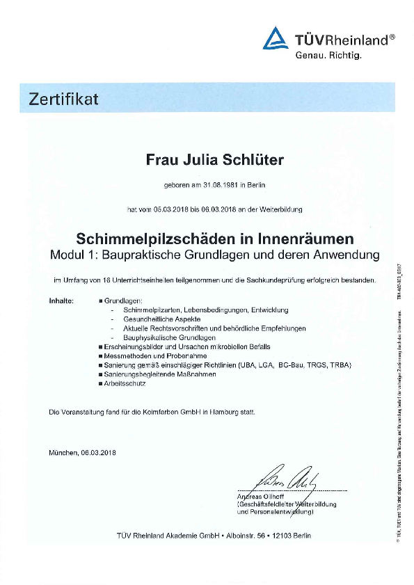 TÜV-Zertifikat für Schimmelpilzprüfung-Maler-Dahm 1